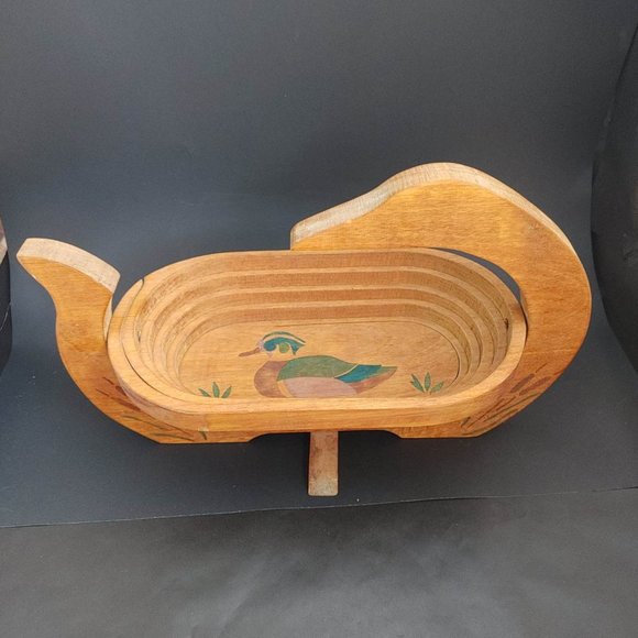 Duck Collapsible Wood Spiral Cut Basket Fruit Bowl Trivet w/ Duck Accent 14.75" - Picture 1 of 9
